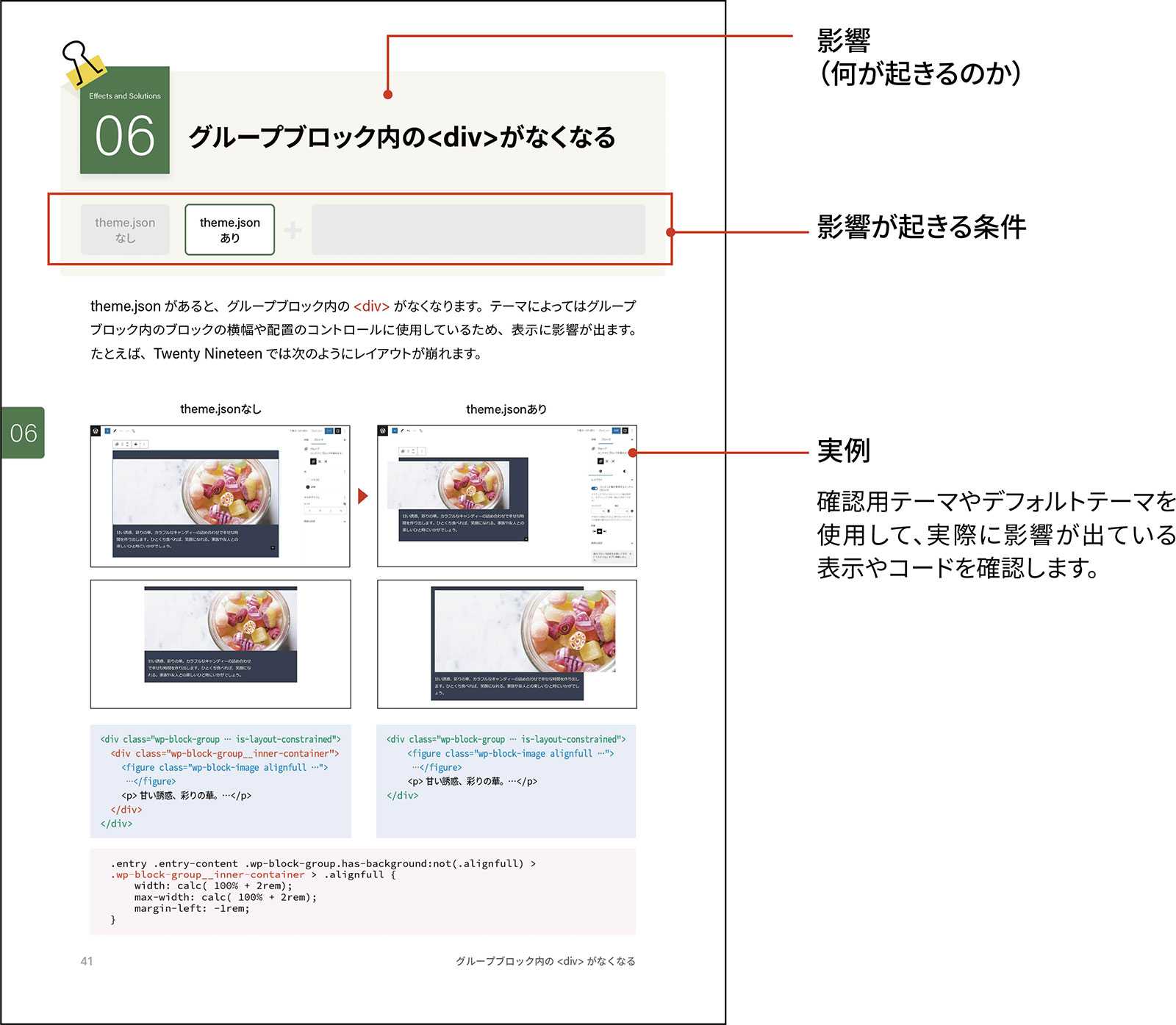 影響（何が起きるのか）、影響が起きる条件、実例でページを構成しています